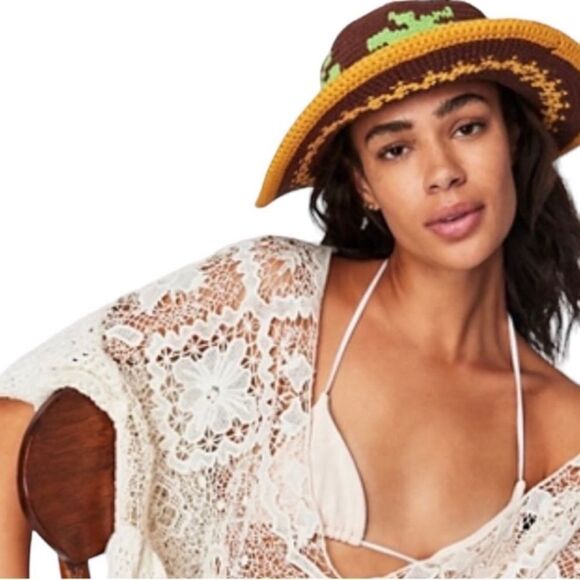 free people OS Palm Springs Palm Tree Brown Gold Crochet Knit Brim Hat - Picture 1 of 9